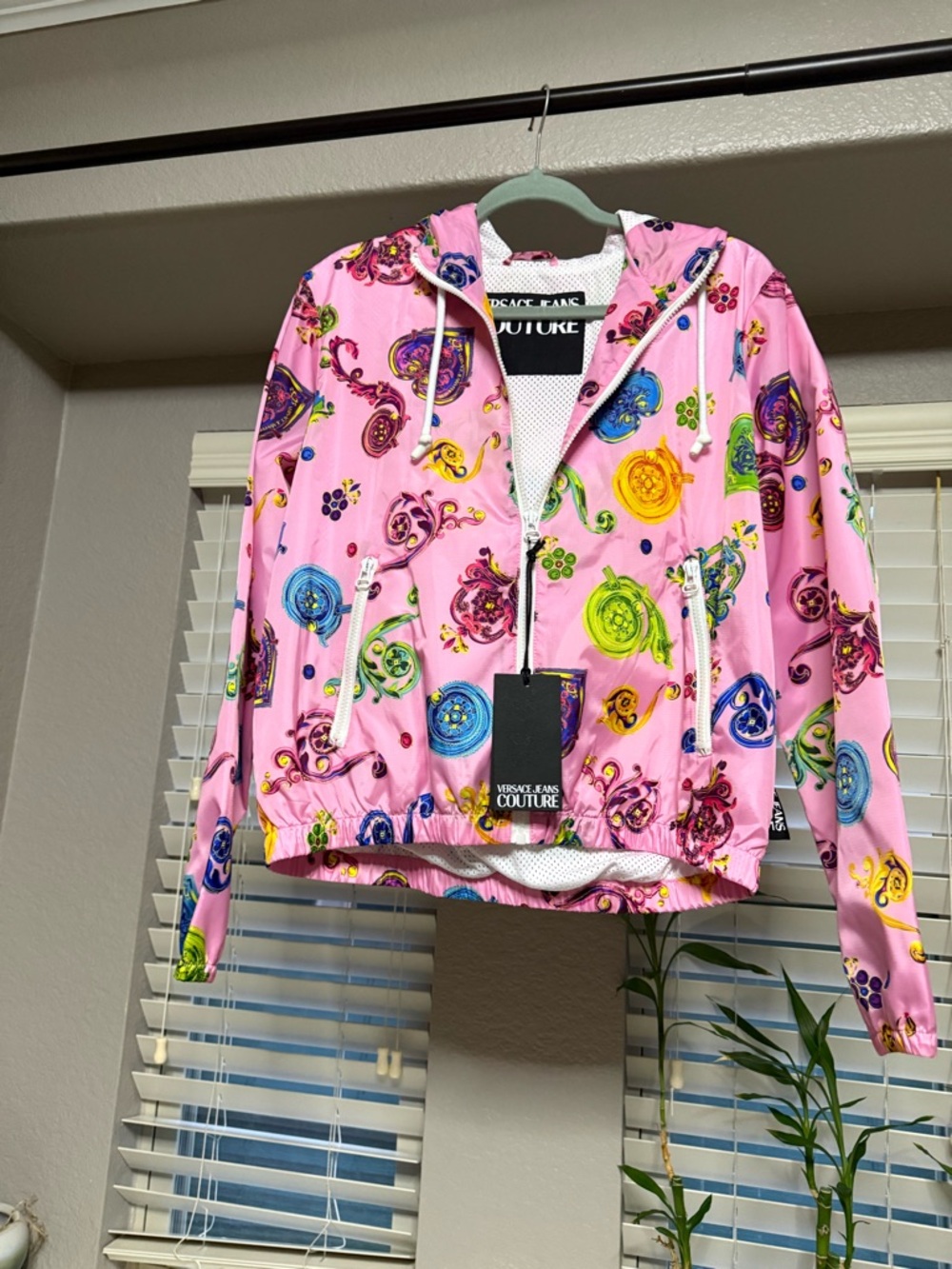 Versace Jeans Collection Pink Multicolor Swirl Hooded Windbreaker